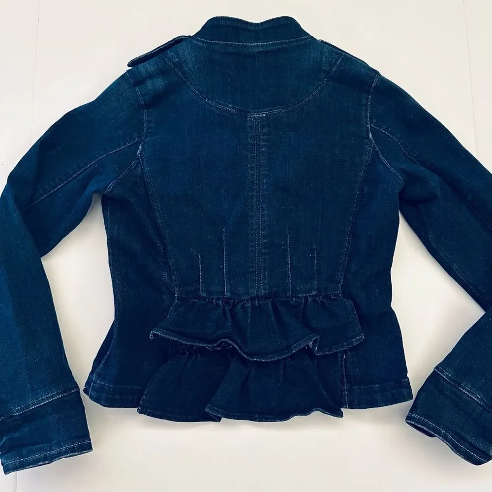 Gap Girls SZ XL Denim Jacket Blue Military Style Ruffle Back Stretch Classic